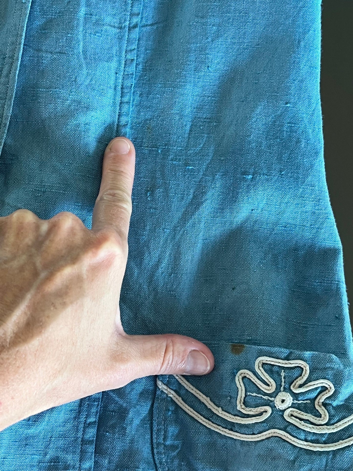 Antique c. 1900–1905 Edwardian Walking Suit, Blue Linen Jacket & Striped Cotton Skirt, XS/S