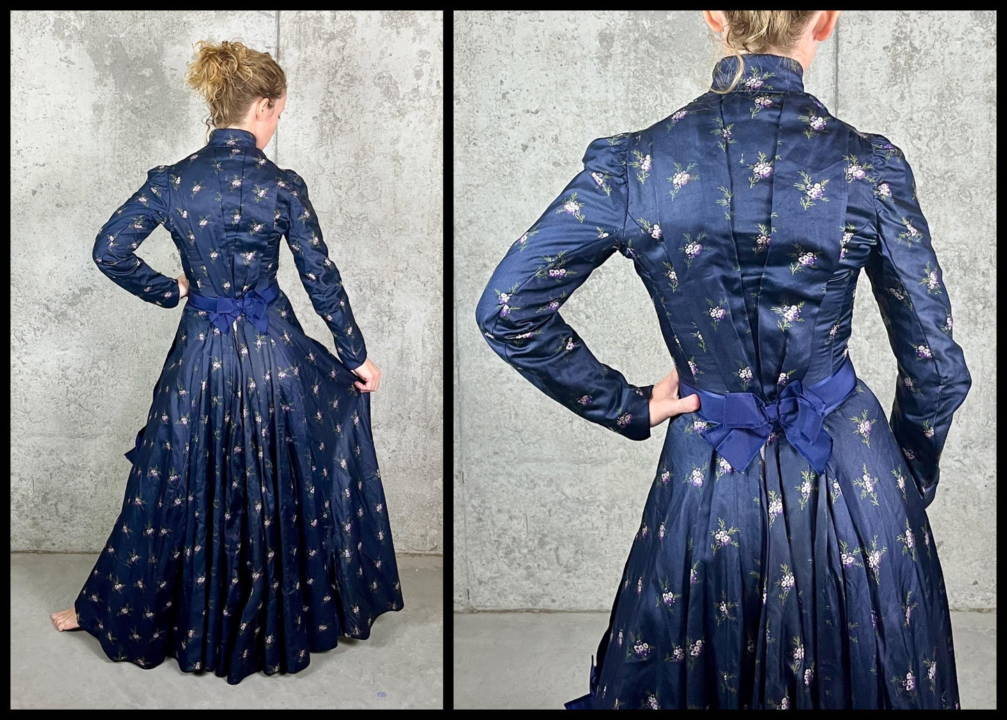 Antique Turn-of-the-Century Floral Silk Gibson Girl Dress Set, Victorian Edwardian Two-Piece, XS