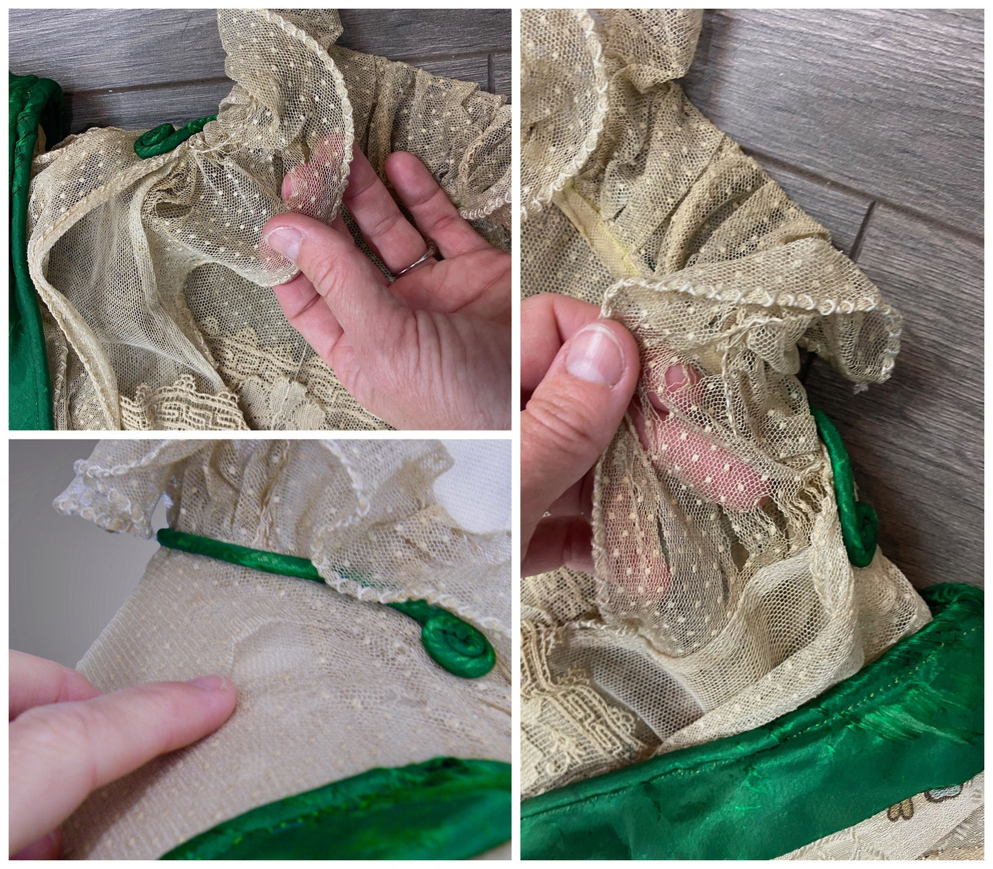 Antique 1900s Edwardian Floral Print Dress with Green Silk Trim & Matching Reticule Purse, XS