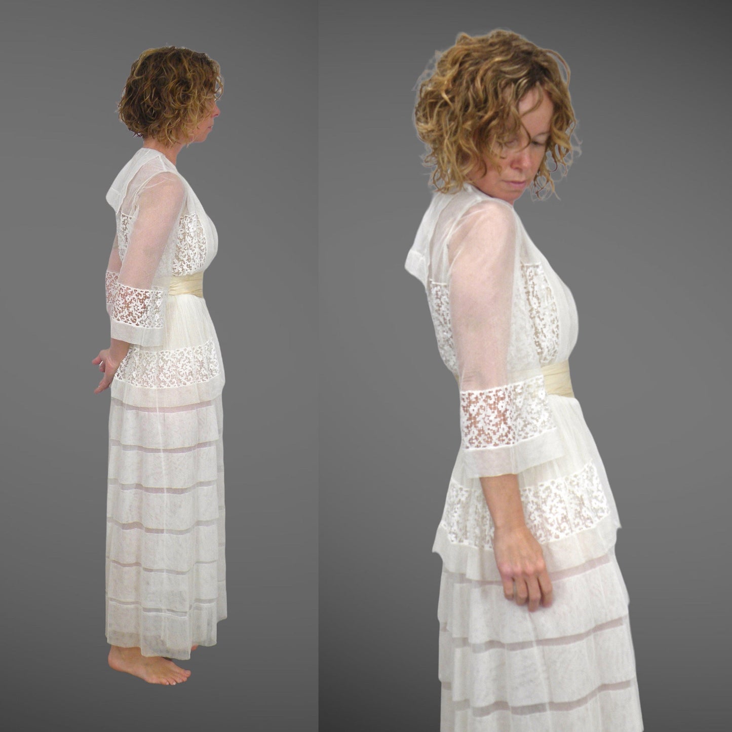 Antique 1910s Edwardian White Net Lace Tiered Dress with Silk Waistband, XXS