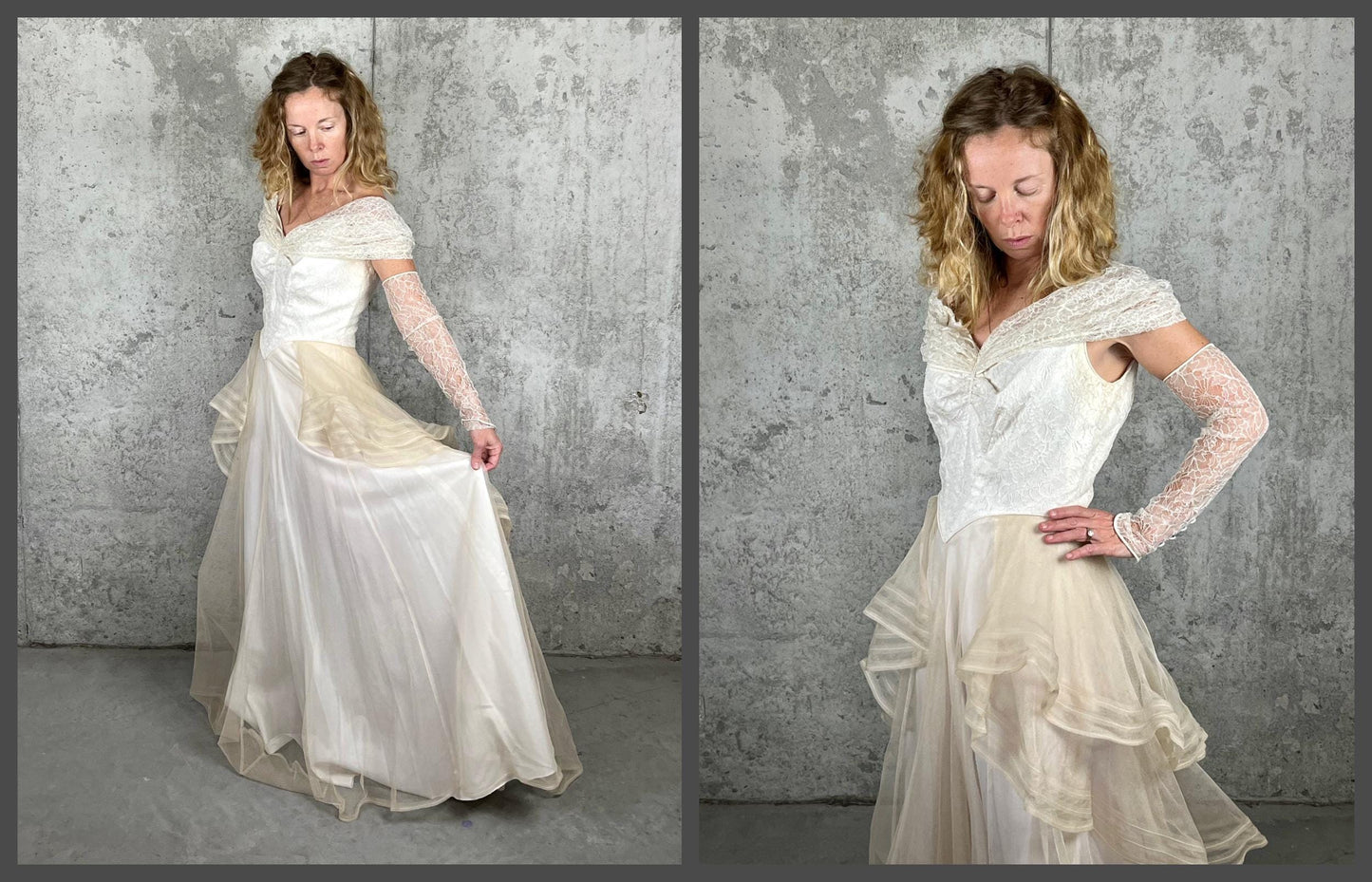 Vintage Late 1930s–1940s Wedding Dress, Satin & Net Lace Bridal Gown with Off-Shoulder Collar, Small