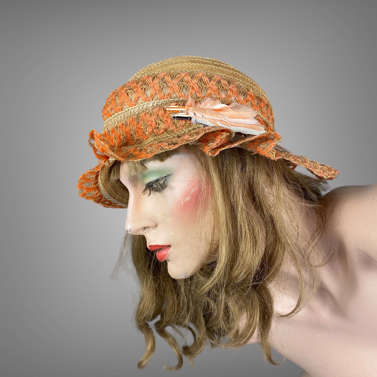 Vintage 1920s Orange Woven Straw and Horsehair Flapper Cloche Hat