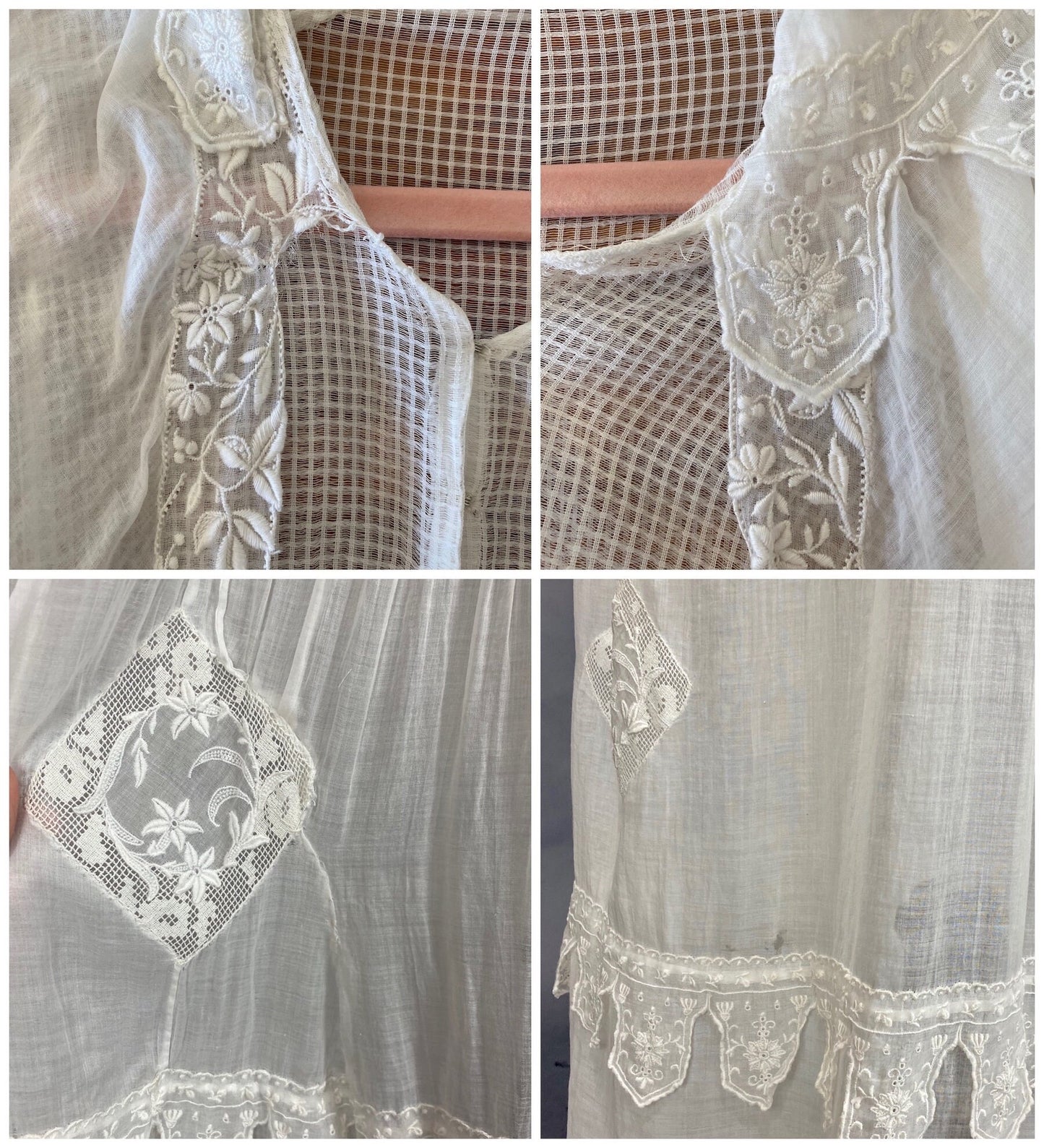 Antique Edwardian 1910s Sheer White Cotton Lingerie Dress with Embroidery, Medium 28" Waist
