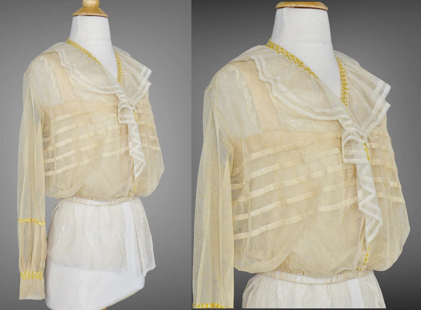 Antique 1900s Edwardian Net Lace Blouse with Yarn Embroidery & Lace Camisole, 36" Bust, S–M