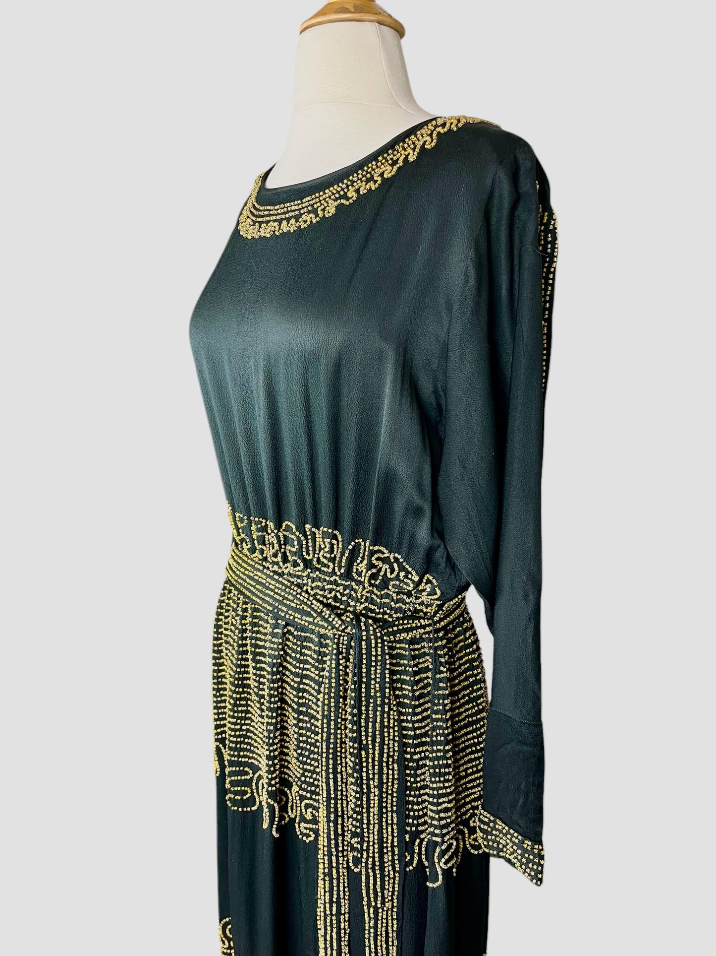 Vintage 1920s Black Silk Gold Beaded Dress with Belt, Art Deco 20s, S/M–M