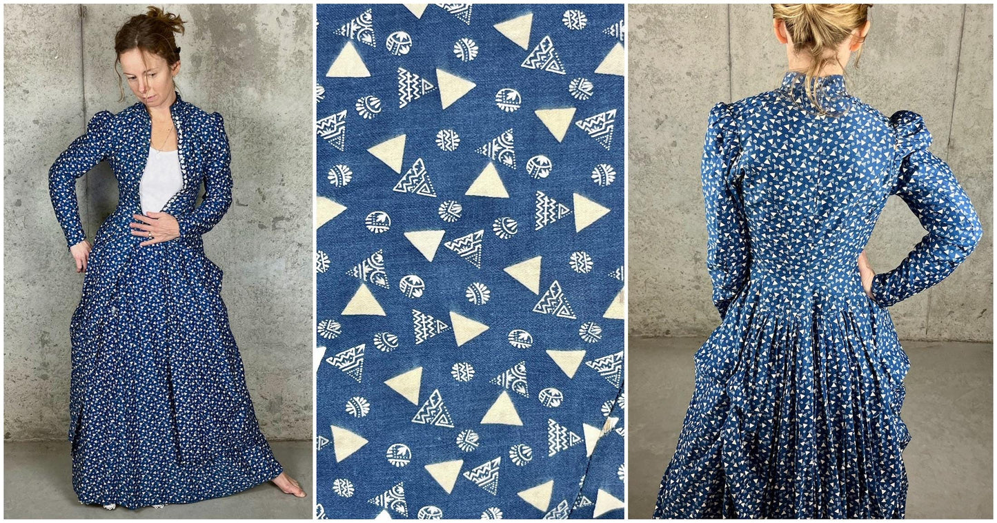 Rare Antique Victorian Polonaise Dress, 1870s–1880s Indigo Printed Cotton Two-Piece Ensemble, XXS