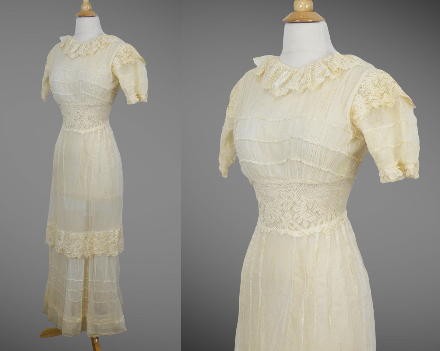 1910s Antique Cream Net Lace Edwardian Dress, XXS - XS