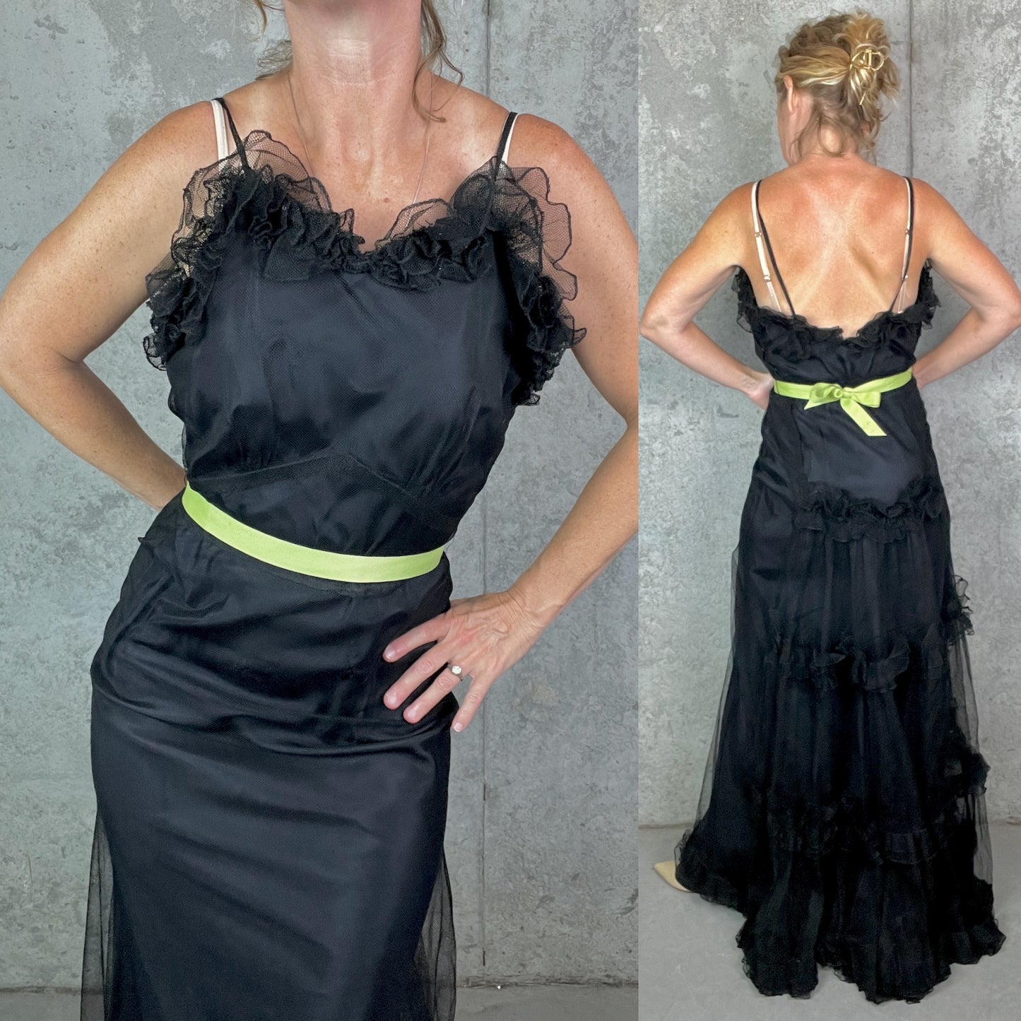 Vintage 1930s Black Tulle Net Evening Gown with Ruffled Back & Bias Cut Slip