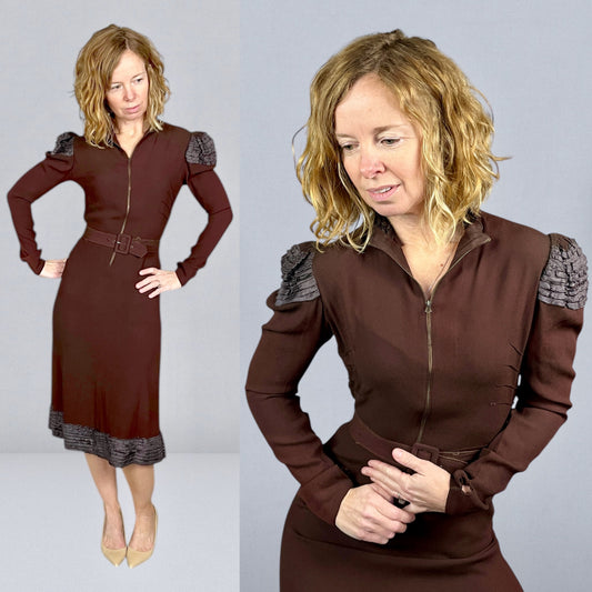 Late 1930s Chocolate Brown Rayon Crepe Dress with Sculpted Shoulders & Bell-Pull Metal Zip, XS-S
