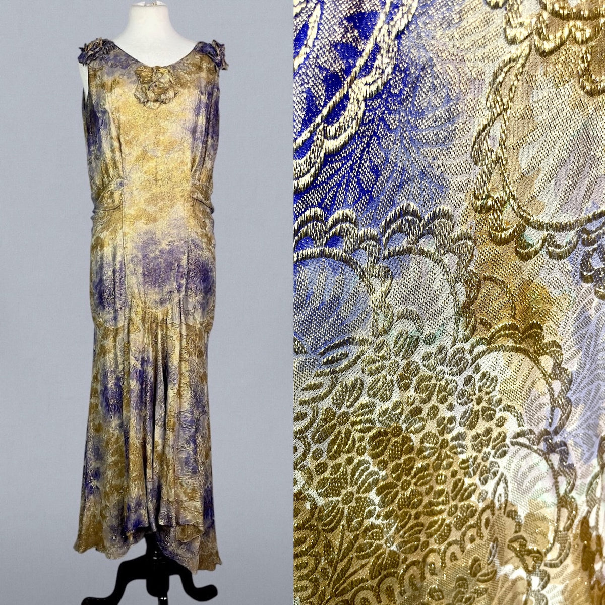 Vintage 1930s Purple & Gold Floral Silk Lamé Evening Dress, Medium
