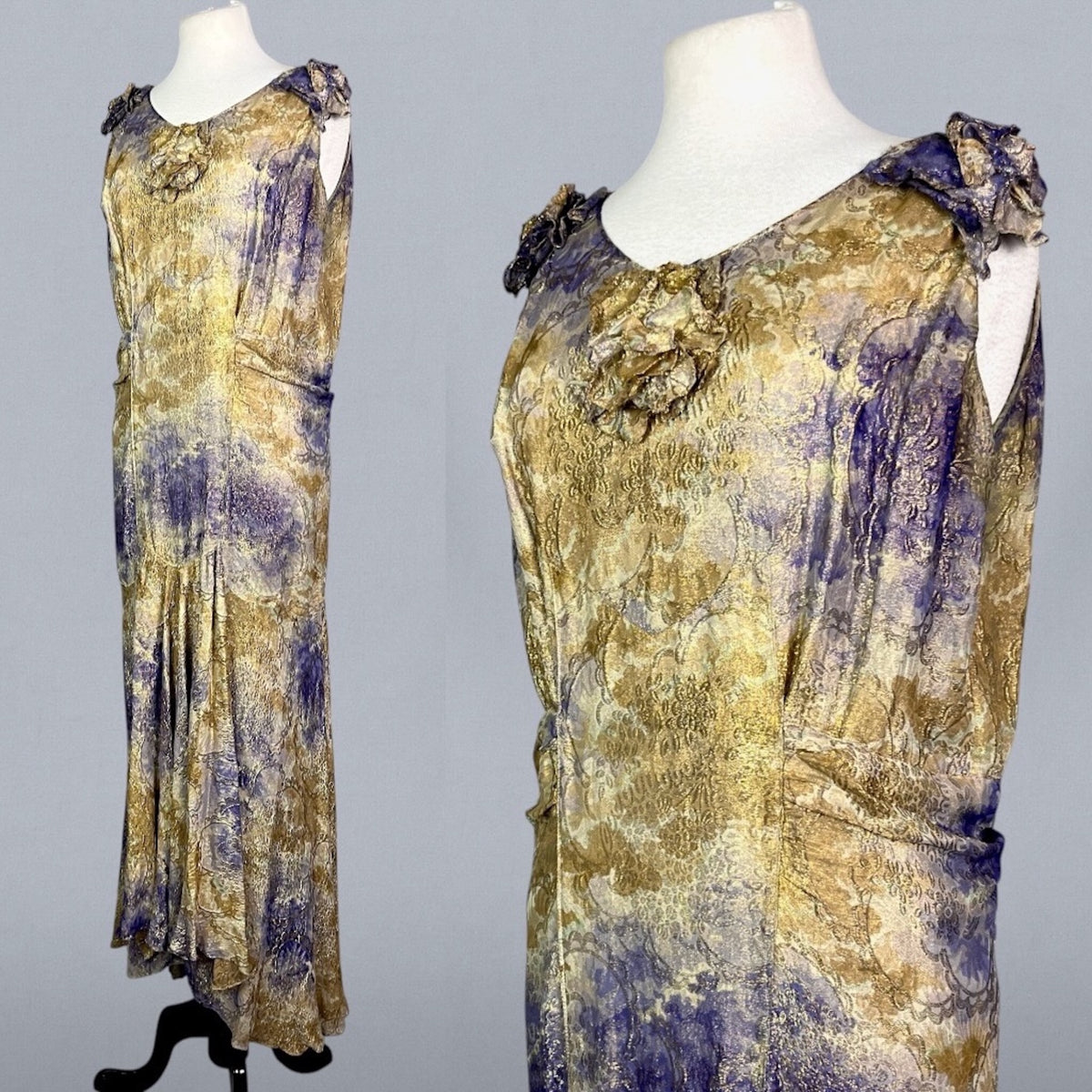 Vintage 1930s Purple & Gold Floral Silk Lamé Evening Dress, Medium