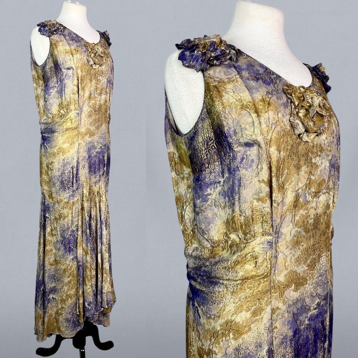Vintage 1930s Purple & Gold Floral Silk Lamé Evening Dress, Medium