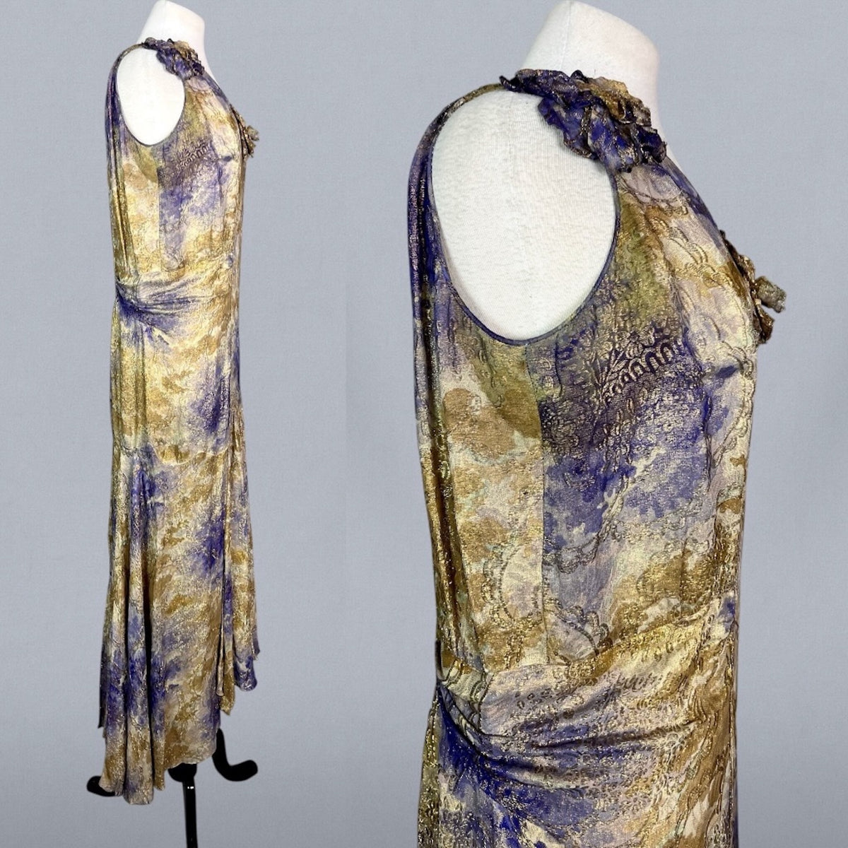 Vintage 1930s Purple & Gold Floral Silk Lamé Evening Dress, Medium
