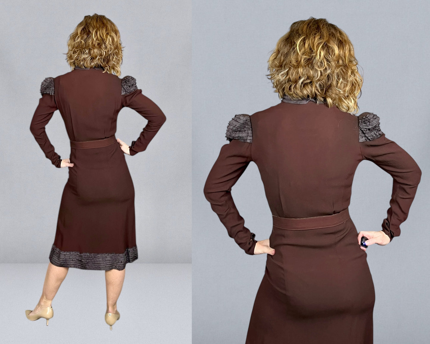 Late 1930s Chocolate Brown Rayon Crepe Dress with Sculpted Shoulders & Bell-Pull Metal Zip, XS-S