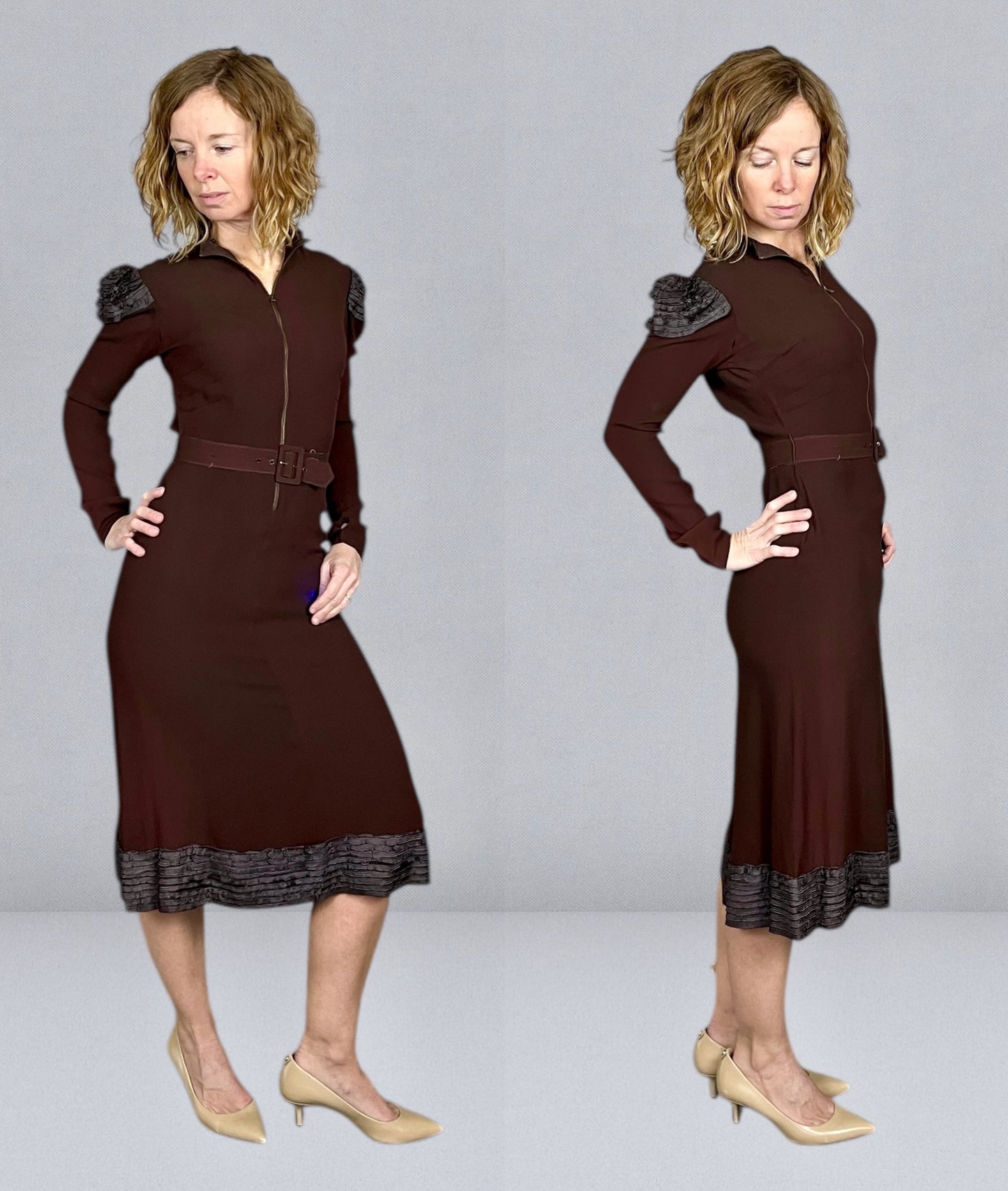Late 1930s Chocolate Brown Rayon Crepe Dress with Sculpted Shoulders & Bell-Pull Metal Zip, XS-S