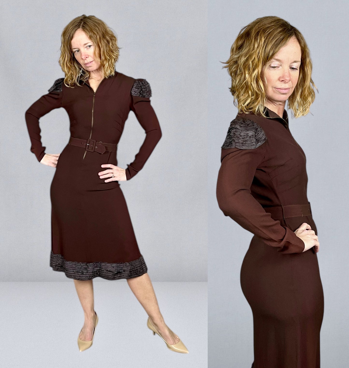 Late 1930s Chocolate Brown Rayon Crepe Dress with Sculpted Shoulders & Bell-Pull Metal Zip, XS-S