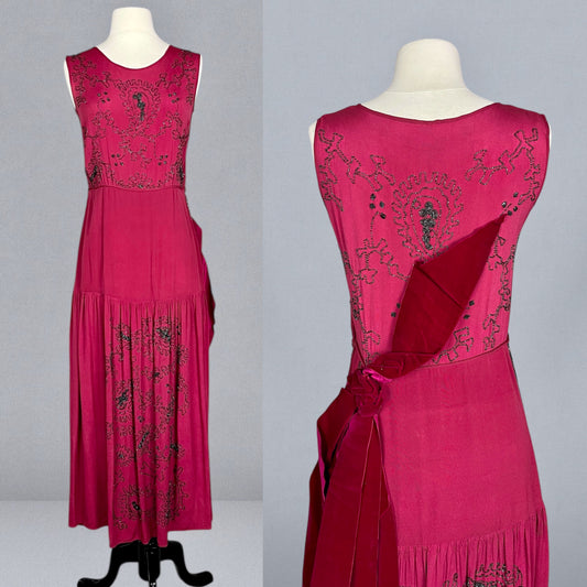 Antique 1920s Cerise Pink Beaded Silk Dress with Velvet Ribbon Back, XS