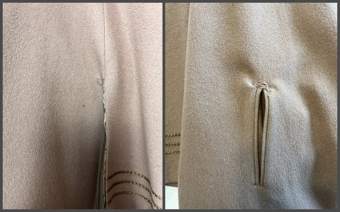 Antique 1920s Taupe Wool Cape Coat with Art Deco Arrow Embroidery, Palmer Garment Chicago