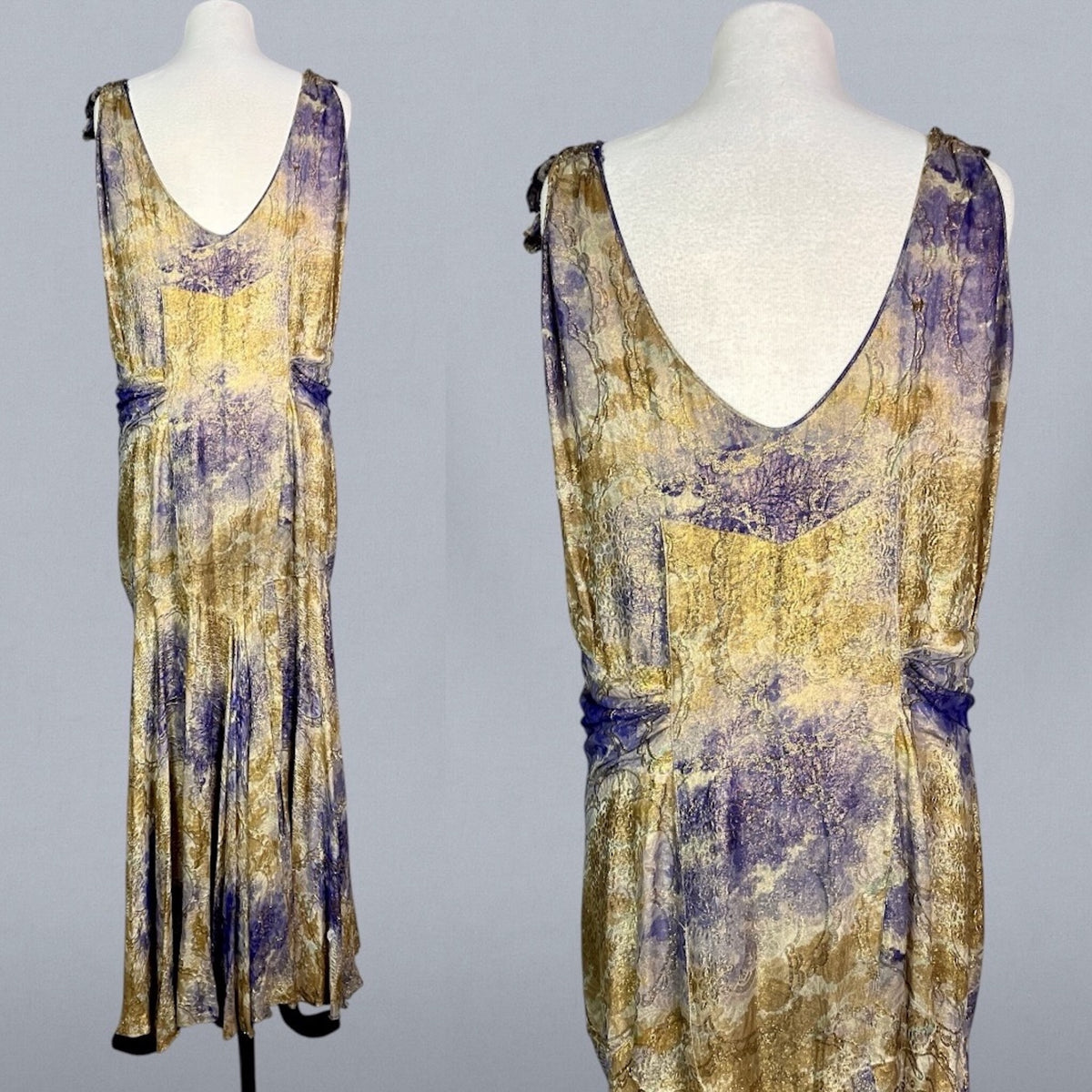 Vintage 1930s Purple & Gold Floral Silk Lamé Evening Dress, Medium