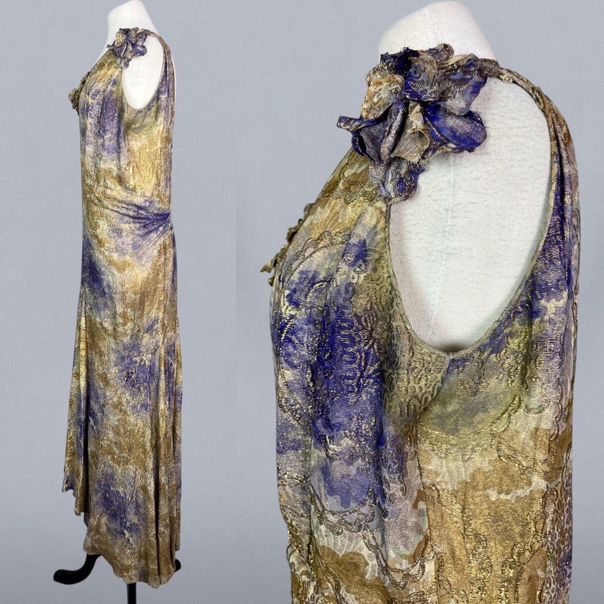 Vintage 1930s Purple & Gold Floral Silk Lamé Evening Dress, Medium