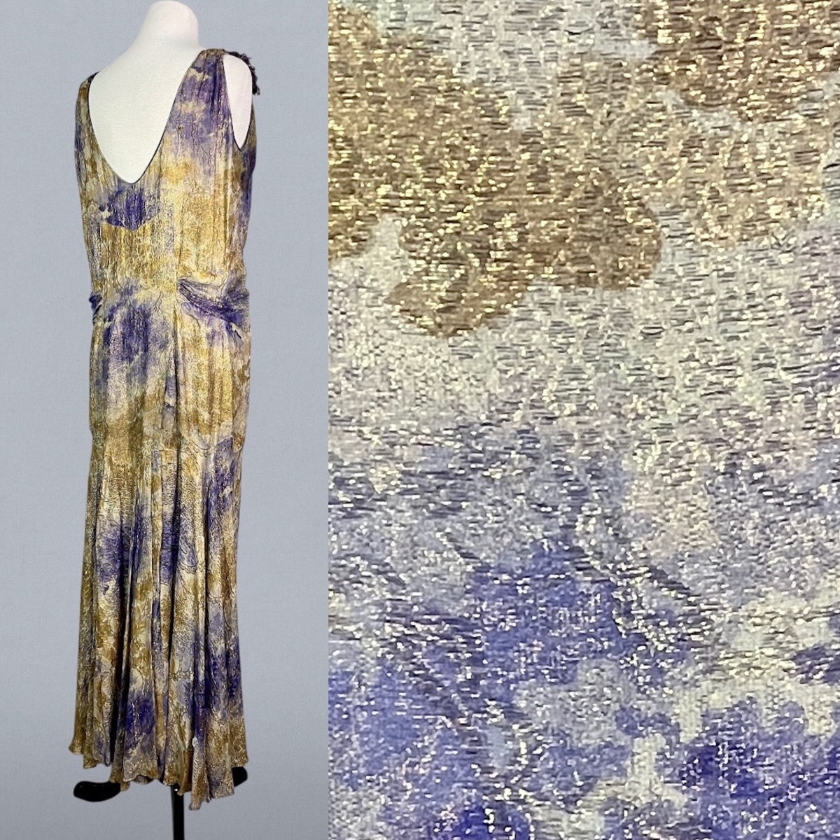 Vintage 1930s Purple & Gold Floral Silk Lamé Evening Dress, Medium