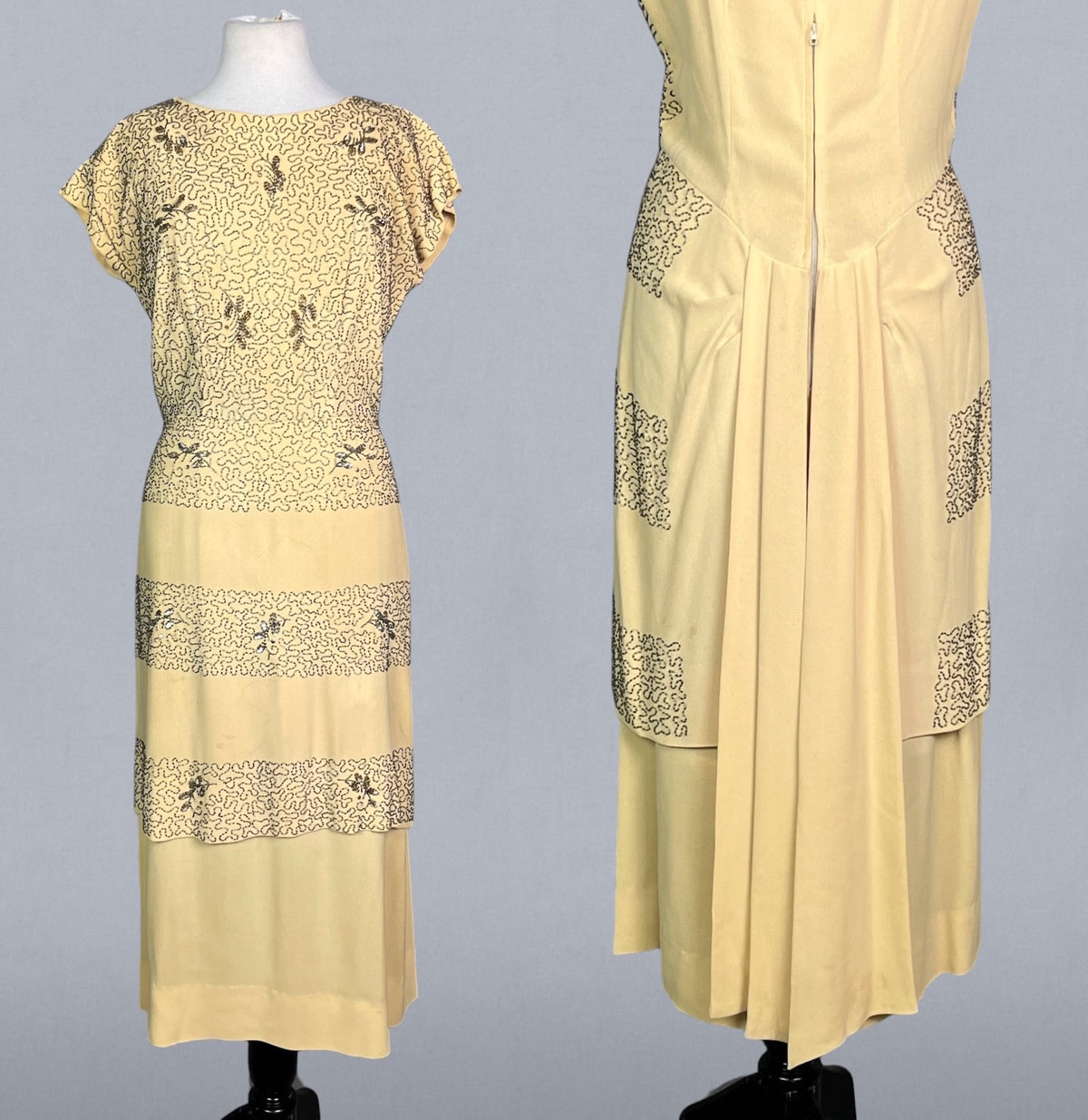 Vintage 1940s Golden Yellow Beaded Cocktail Dress with Draped Back Skirt, S/M - Medium