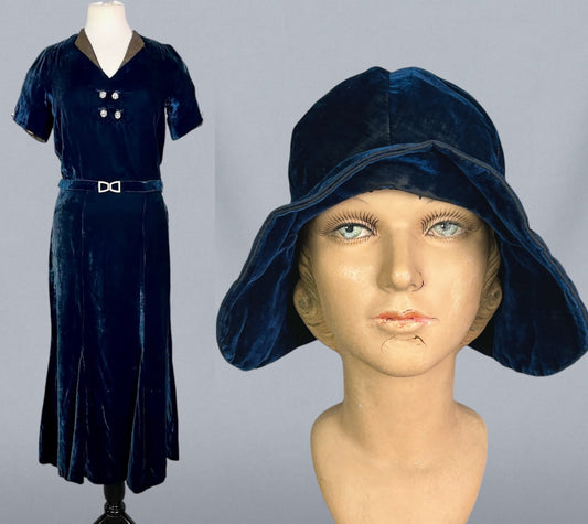 Vintage 1930s Midnight Blue Silk Velvet Bias Cut Dress & Wide Brim Cloche Hat, S - S/M