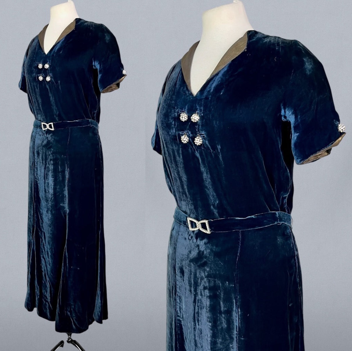 Vintage 1930s Midnight Blue Silk Velvet Bias Cut Dress & Wide Brim Cloche Hat, S - S/M