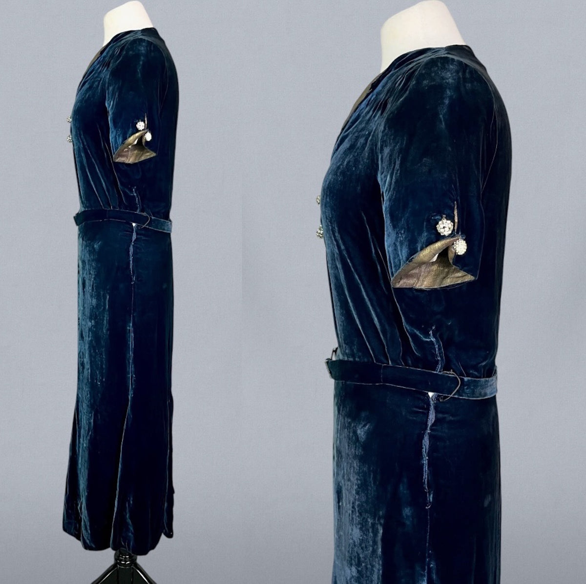 Vintage 1930s Midnight Blue Silk Velvet Bias Cut Dress & Wide Brim Cloche Hat, S - S/M