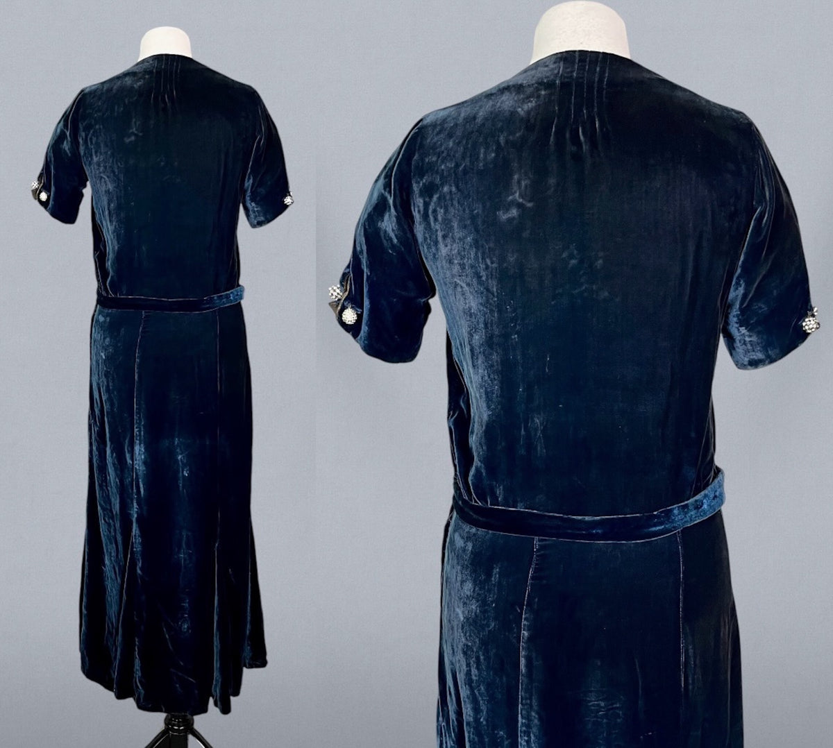Vintage 1930s Midnight Blue Silk Velvet Bias Cut Dress & Wide Brim Cloche Hat, S - S/M