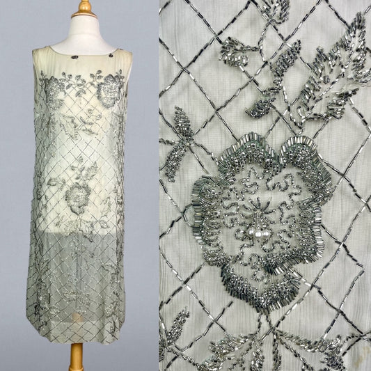Antique 1920s Pale Green Silk Beaded Flapper Evening Dress, XS / S