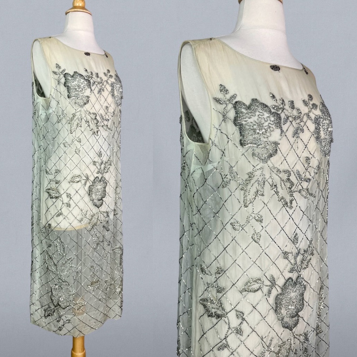 Antique 1920s Pale Green Silk Beaded Flapper Evening Dress, XS / S
