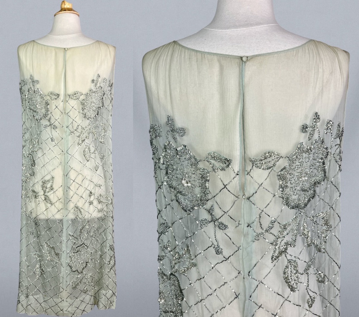 Antique 1920s Pale Green Silk Beaded Flapper Evening Dress, XS / S