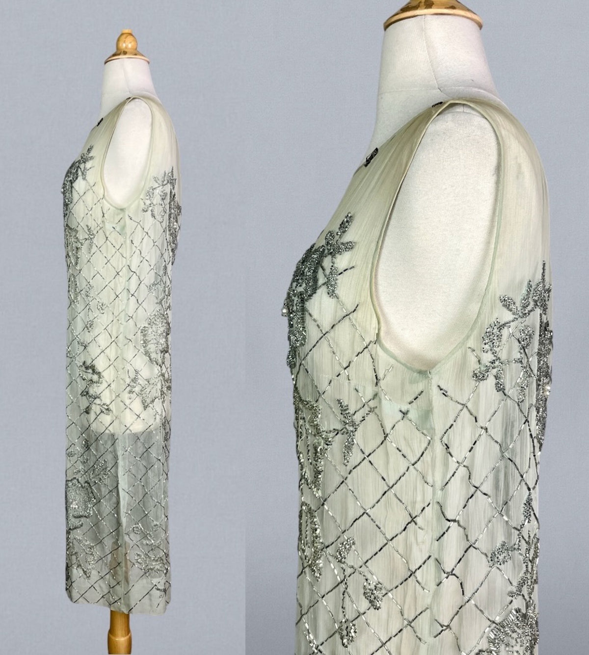 Antique 1920s Pale Green Silk Beaded Flapper Evening Dress, XS / S