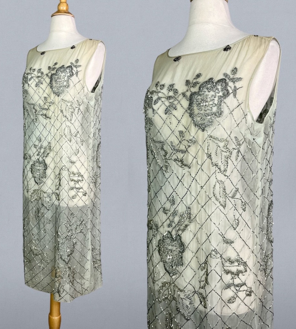 Antique 1920s Pale Green Silk Beaded Flapper Evening Dress, XS / S