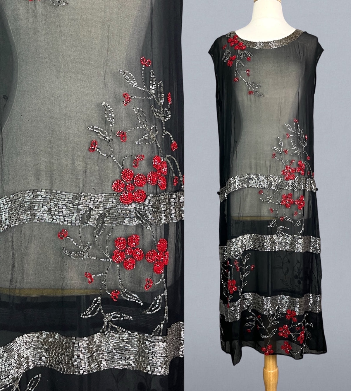Antique 1920s Black Sheer Cherry Blossom Beaded Flapper Dress