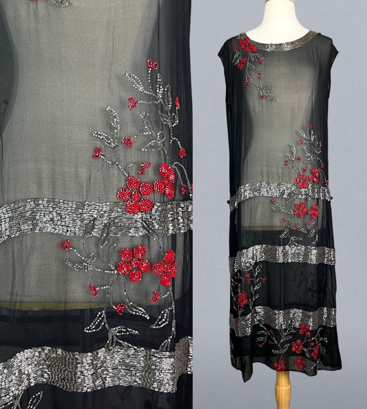 Antique 1920s Black Sheer Cherry Blossom Beaded Flapper Dress