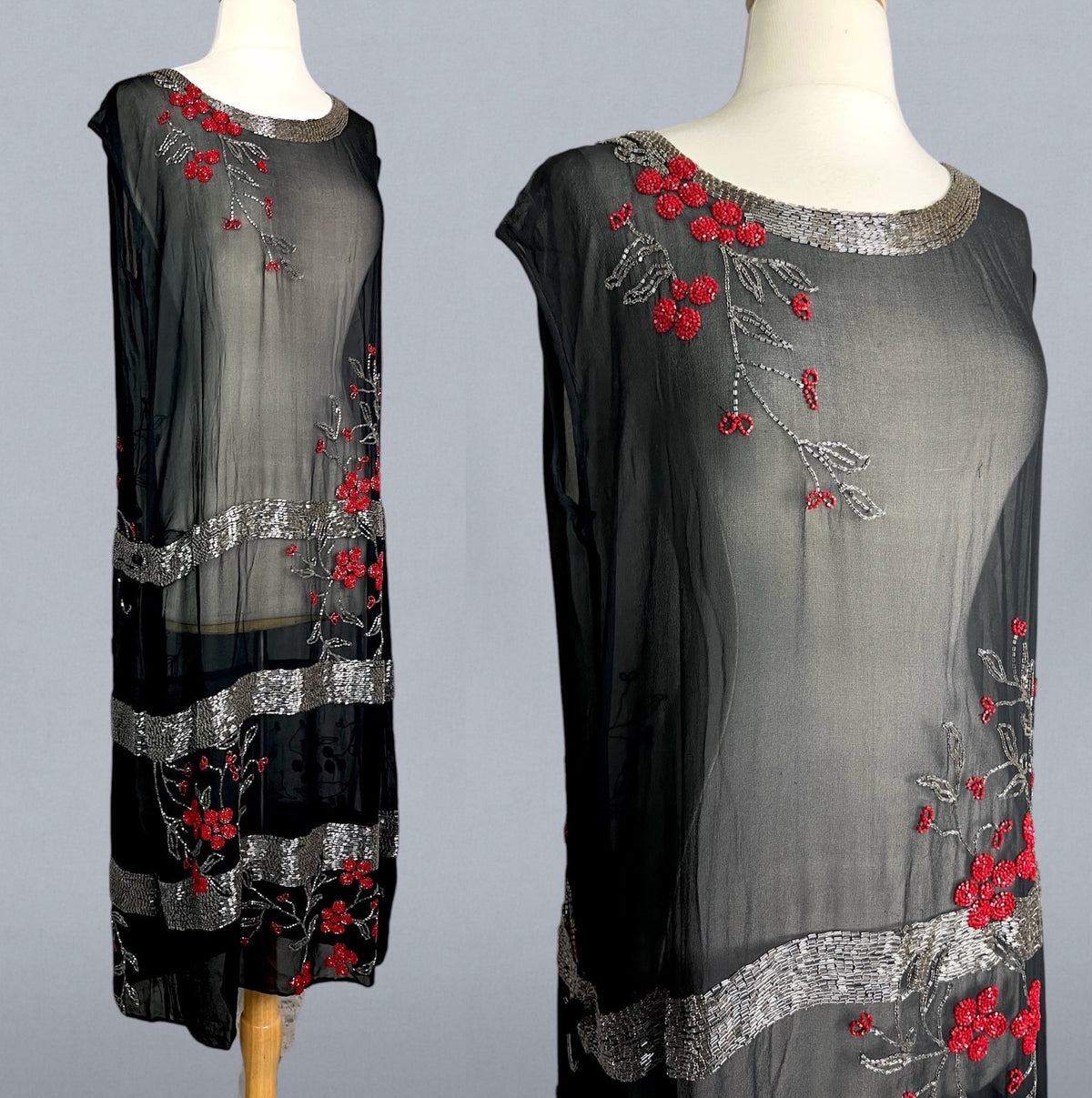 Antique 1920s Black Sheer Cherry Blossom Beaded Flapper Dress