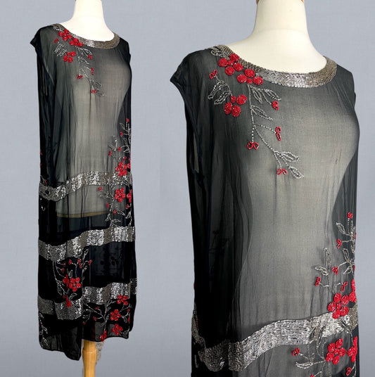 Antique 1920s Black Sheer Cherry Blossom Beaded Flapper Dress