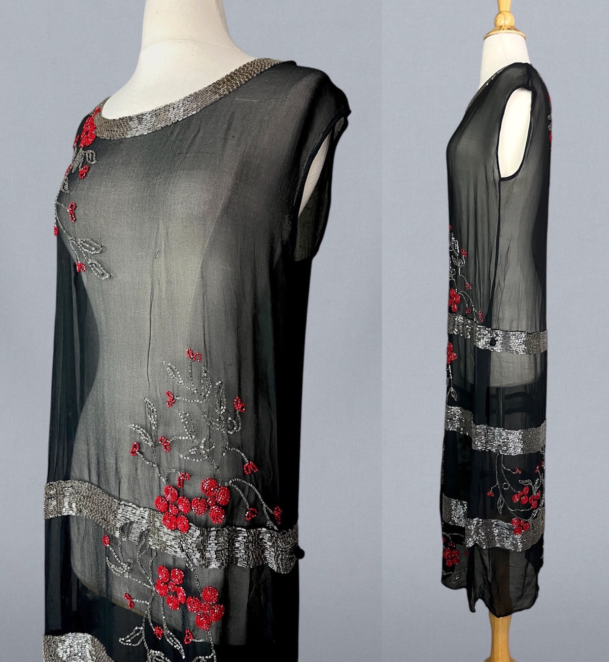 Antique 1920s Black Sheer Cherry Blossom Beaded Flapper Dress
