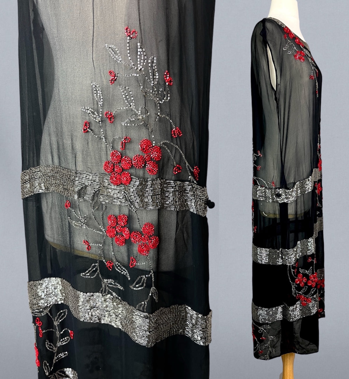 Antique 1920s Black Sheer Cherry Blossom Beaded Flapper Dress
