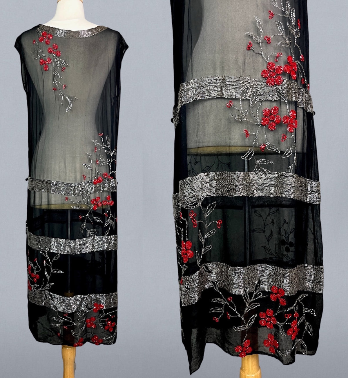 Antique 1920s Black Sheer Cherry Blossom Beaded Flapper Dress