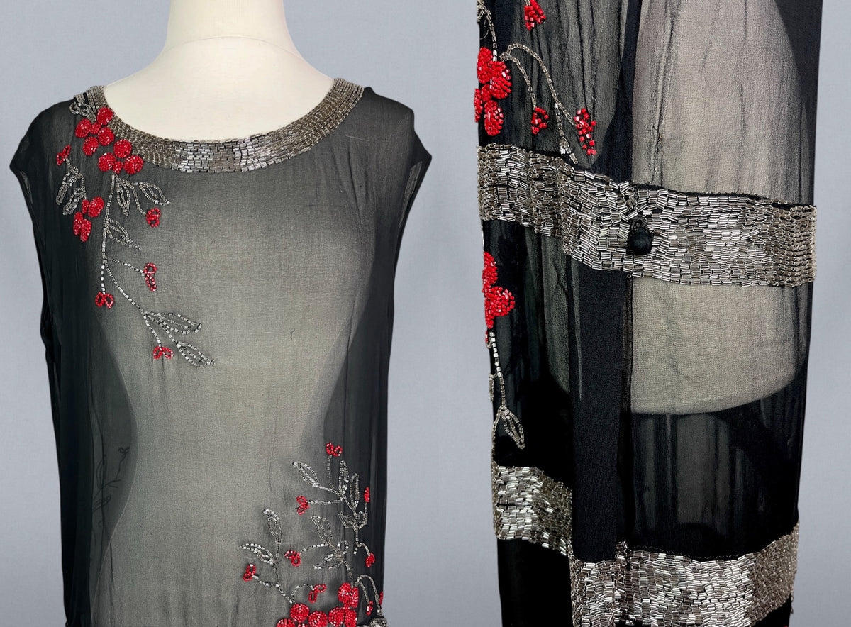 Antique 1920s Black Sheer Cherry Blossom Beaded Flapper Dress