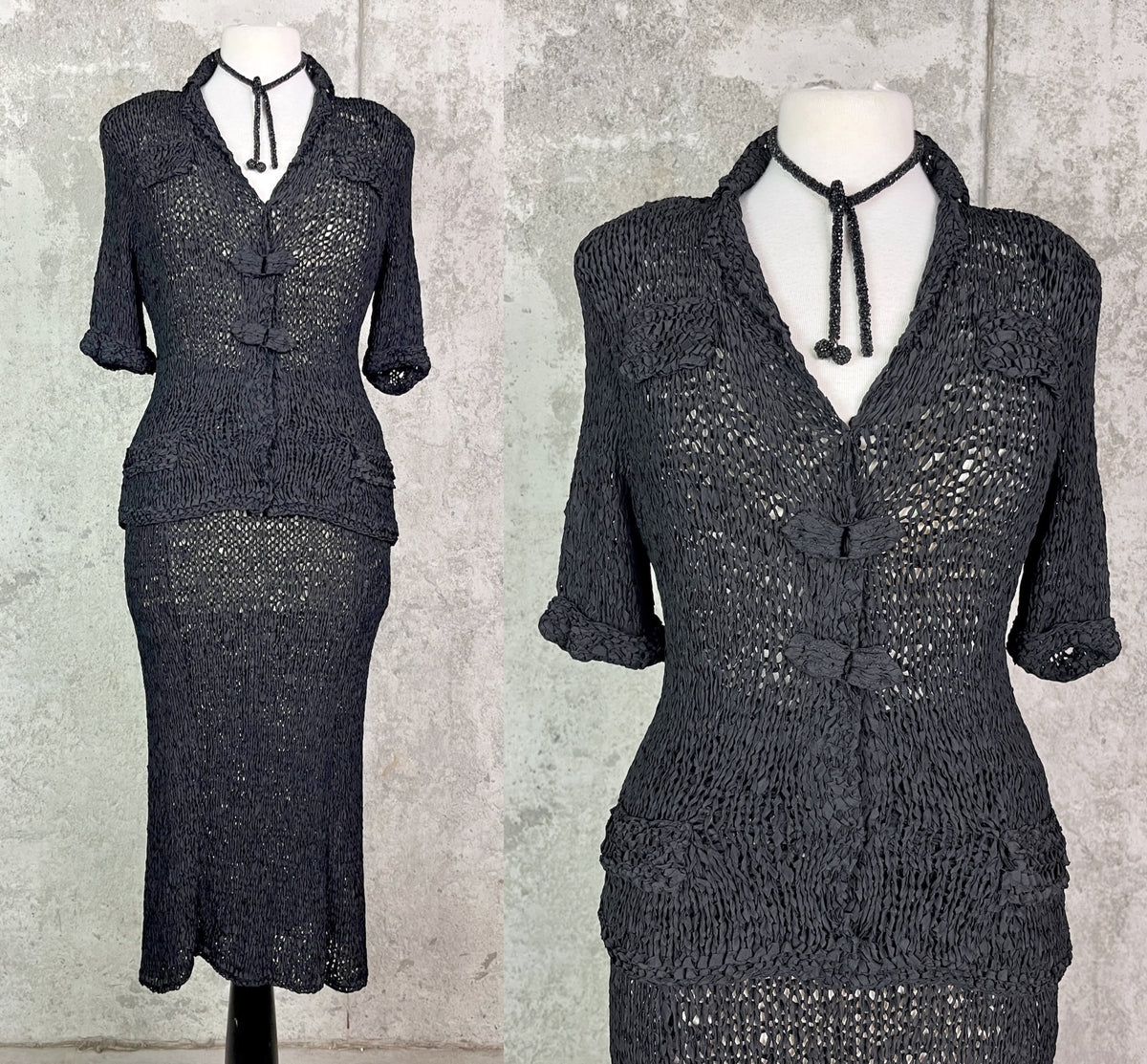 Vintage 1940s Black Ribbon Knit Bombshell Hourglass 2-Piece Dress Set, S/M - M