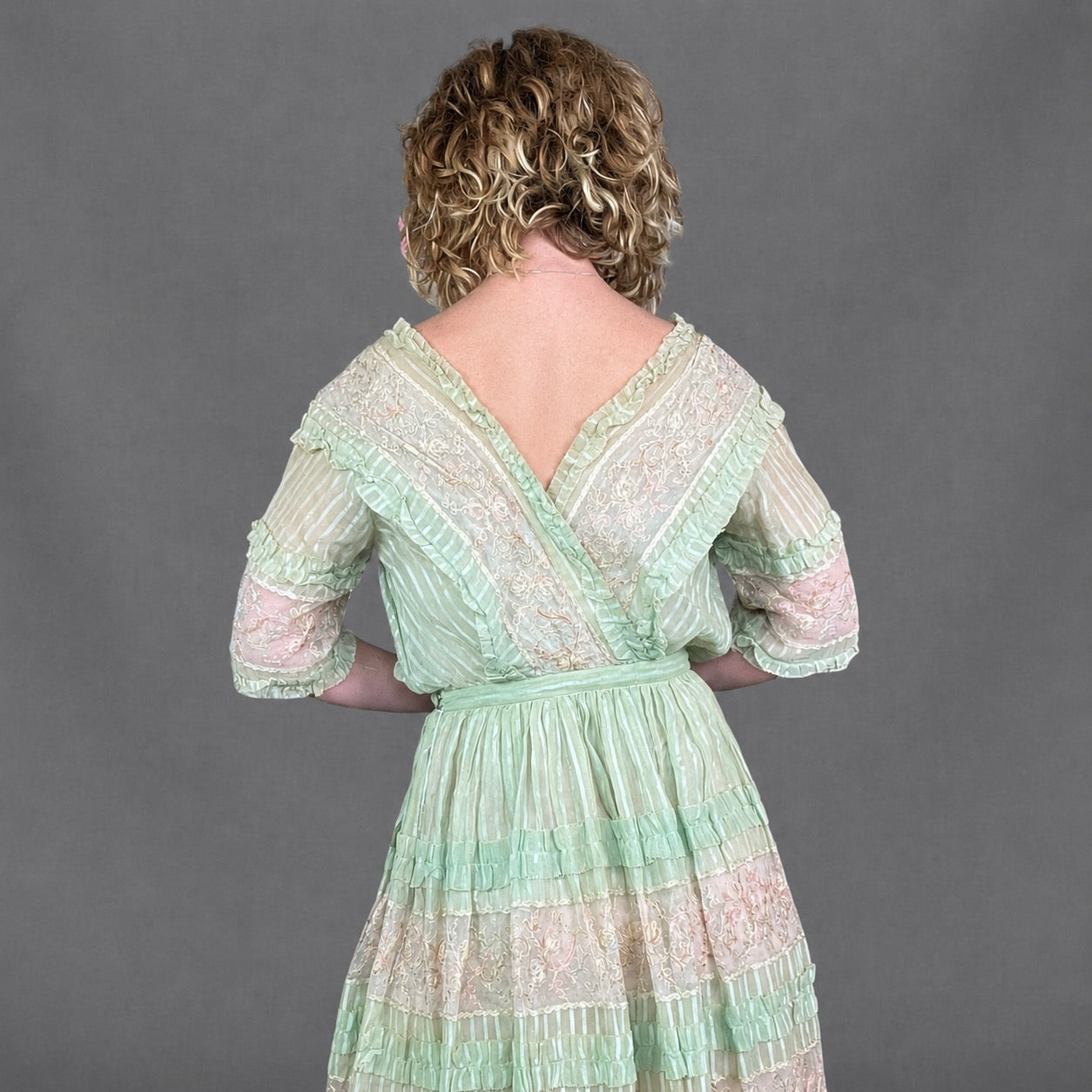 Antique Edwardian Deadstock Seafoam Green Cotton Day Dress with Pastel Floral Lace
