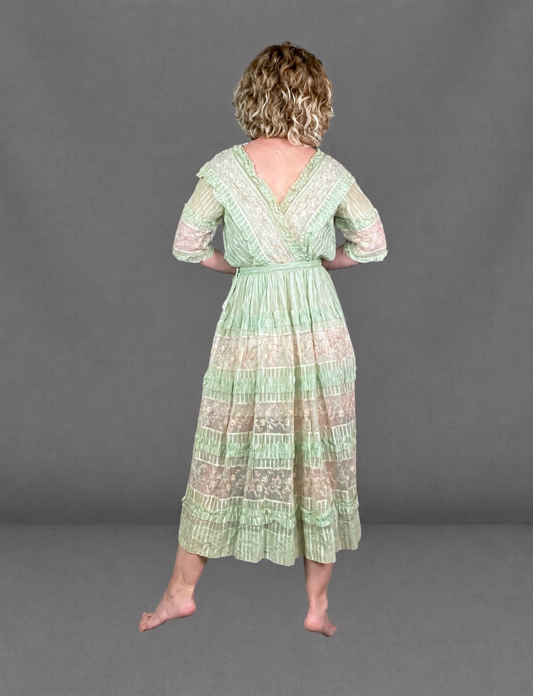 Antique Edwardian Deadstock Seafoam Green Cotton Day Dress with Pastel Floral Lace