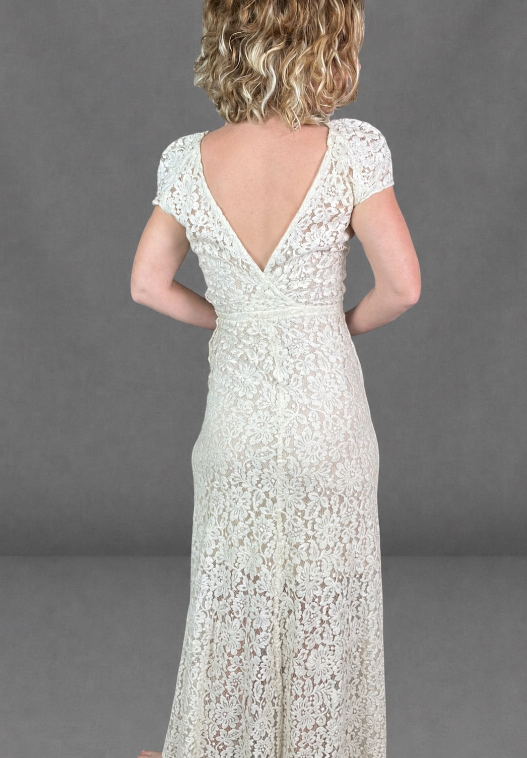Vintage 1930s Ivory Floral Lace Bias Cut Gown with Open Back