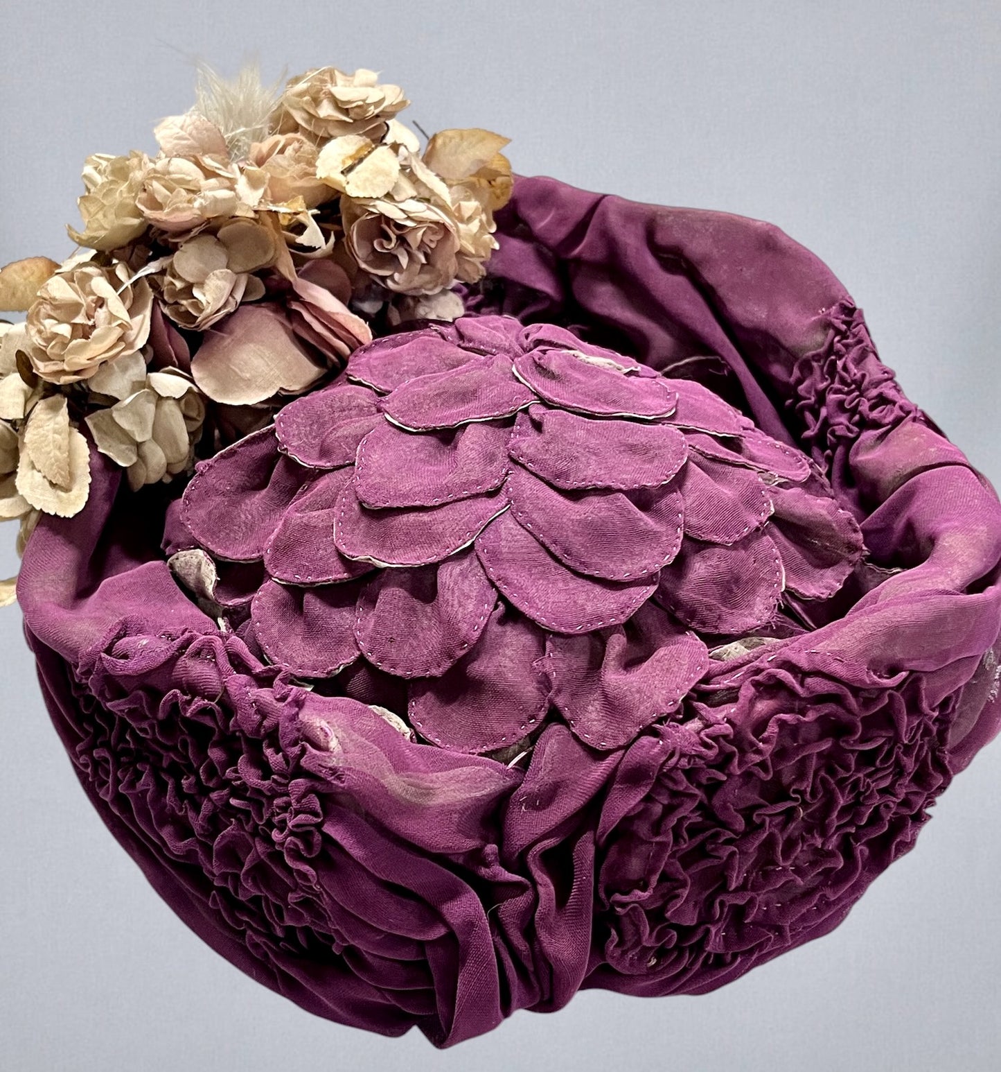 Antique c. 1895–1905 Purple Silk Chiffon Toque Hat with Silk Petal Appliqué & Fabric Flowers