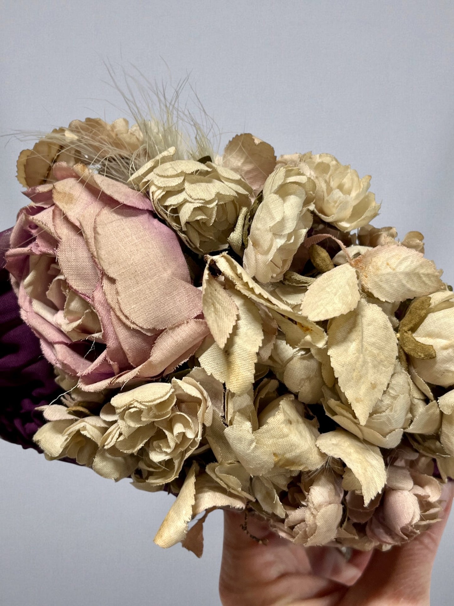 Antique c. 1895–1905 Purple Silk Chiffon Toque Hat with Silk Petal Appliqué & Fabric Flowers