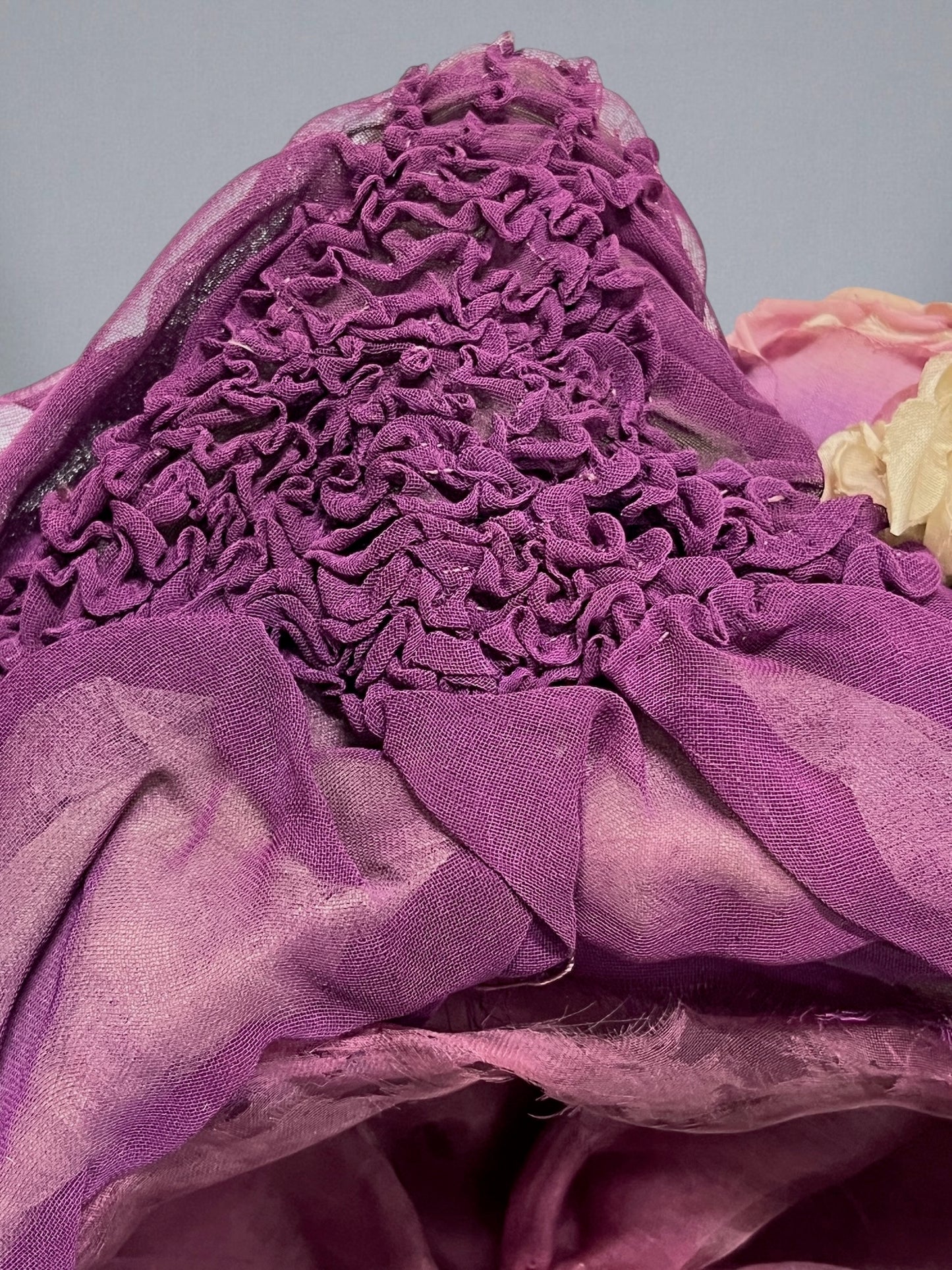 Antique c. 1895–1905 Purple Silk Chiffon Toque Hat with Silk Petal Appliqué & Fabric Flowers